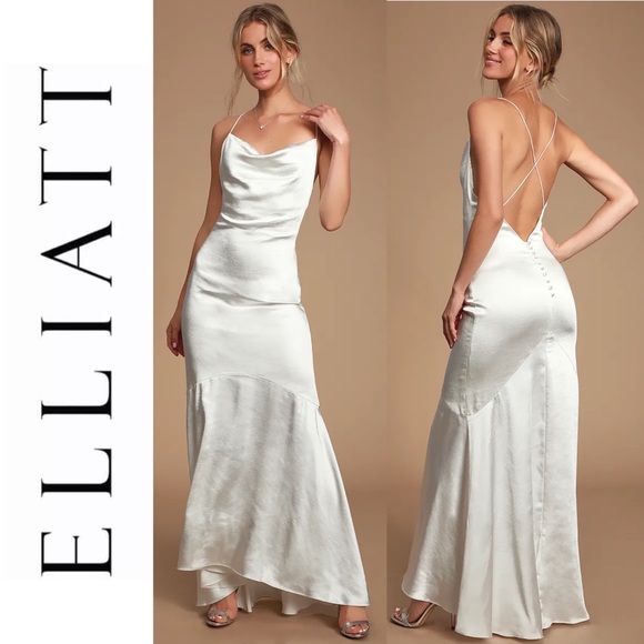 Elliatt Dresses & Skirts - Aisle White Satin Cowl Neck Maxi Dress with Button Down Low Back Bridal Gown
